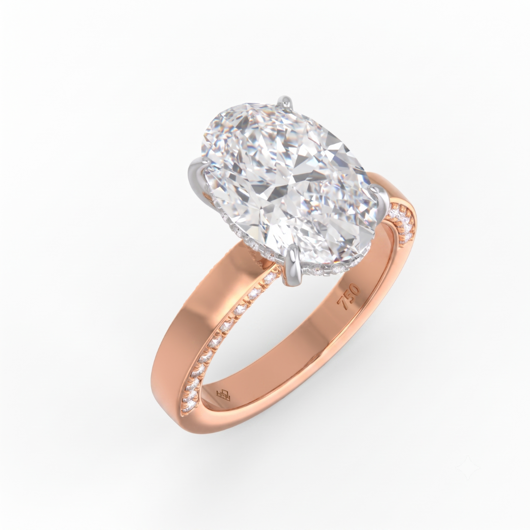 Celeste Oval cut Lab Diamond with Cigar band and half set Diamond Sides & Hidden Halo
