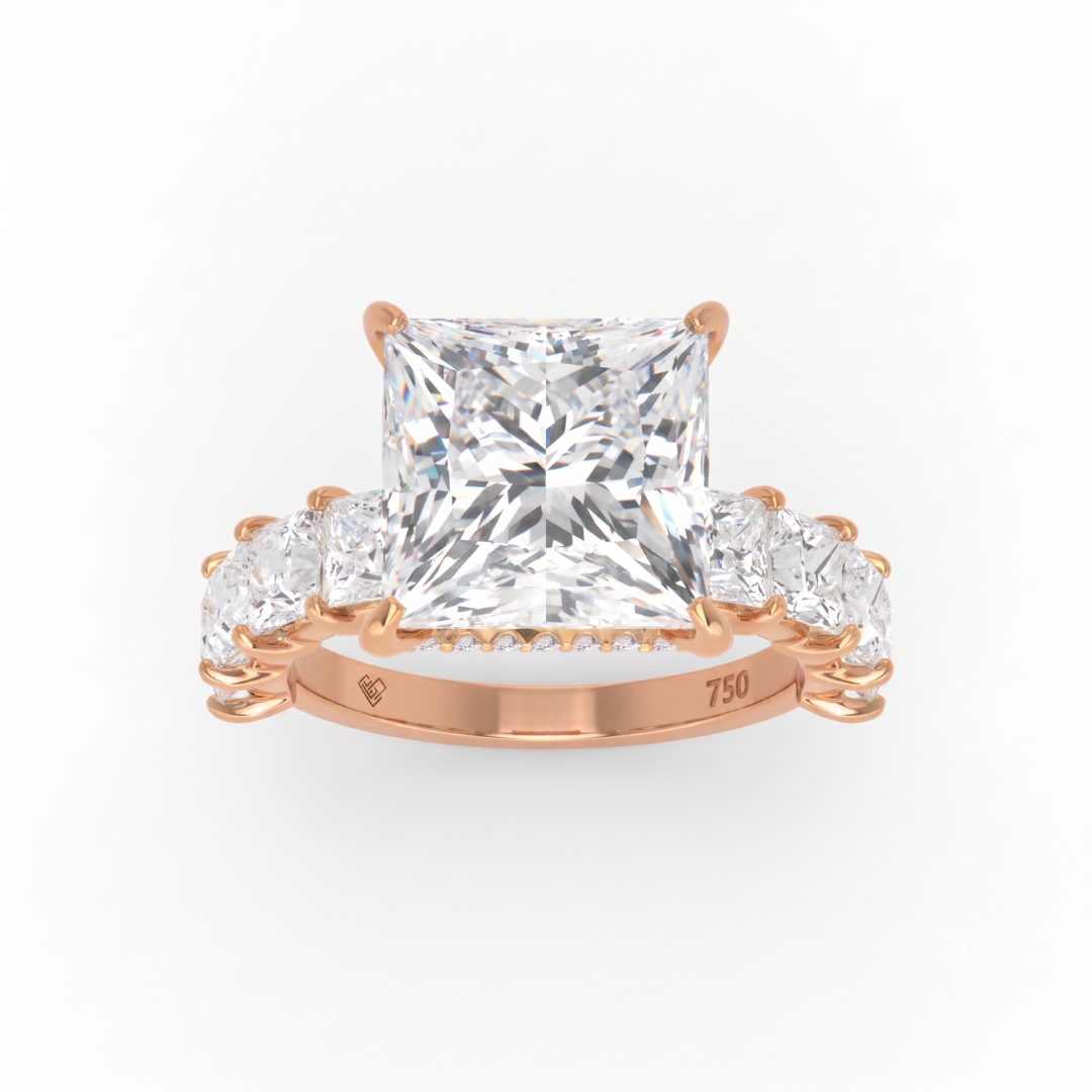 Vivien Princess Brilliant Cut engagement ring with Princess Brilliant Diamond Band and Wrap Around Hidden Halo