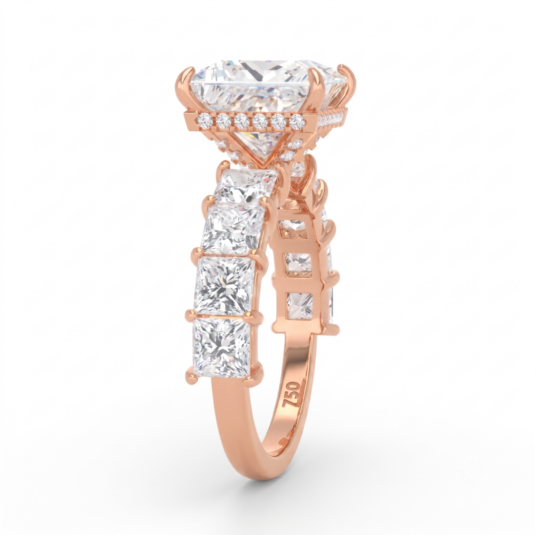Vivien Princess Brilliant Cut engagement ring with Princess Brilliant Diamond Band and Wrap Around Hidden Halo