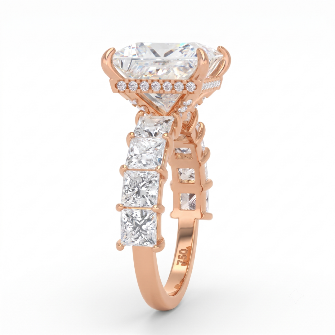 Vivien Princess Brilliant Cut engagement ring with Princess Brilliant Diamond Band and Wrap Around Hidden Halo