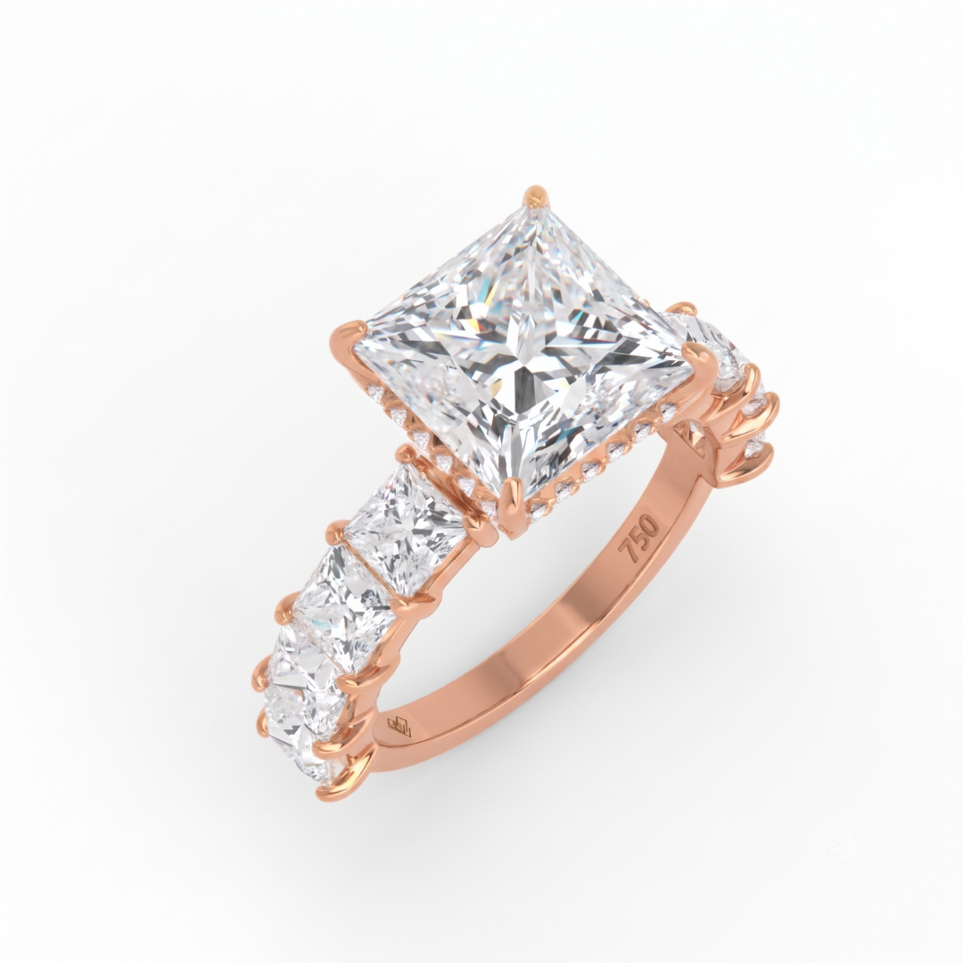 Vivien Princess Brilliant Cut engagement ring with Princess Brilliant Diamond Band and Wrap Around Hidden Halo
