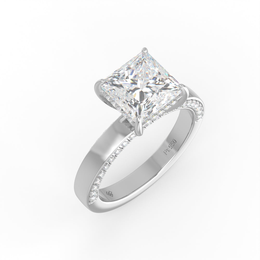 Celeste Princess cut Lab Diamond with Cigar band and half set Diamond sides & hidden halo