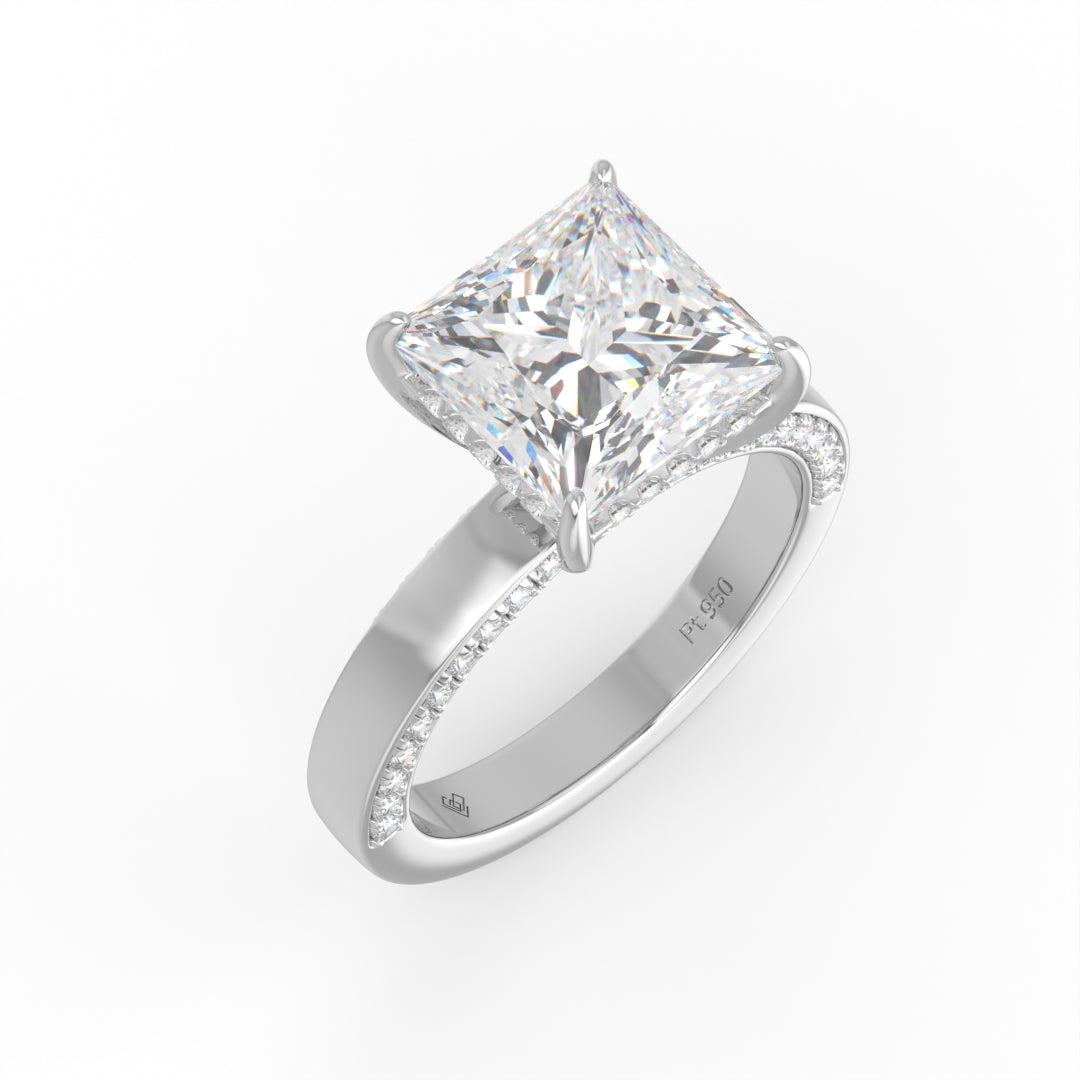 Celeste Princess cut Lab Diamond with Cigar band and half set Diamond sides & hidden halo