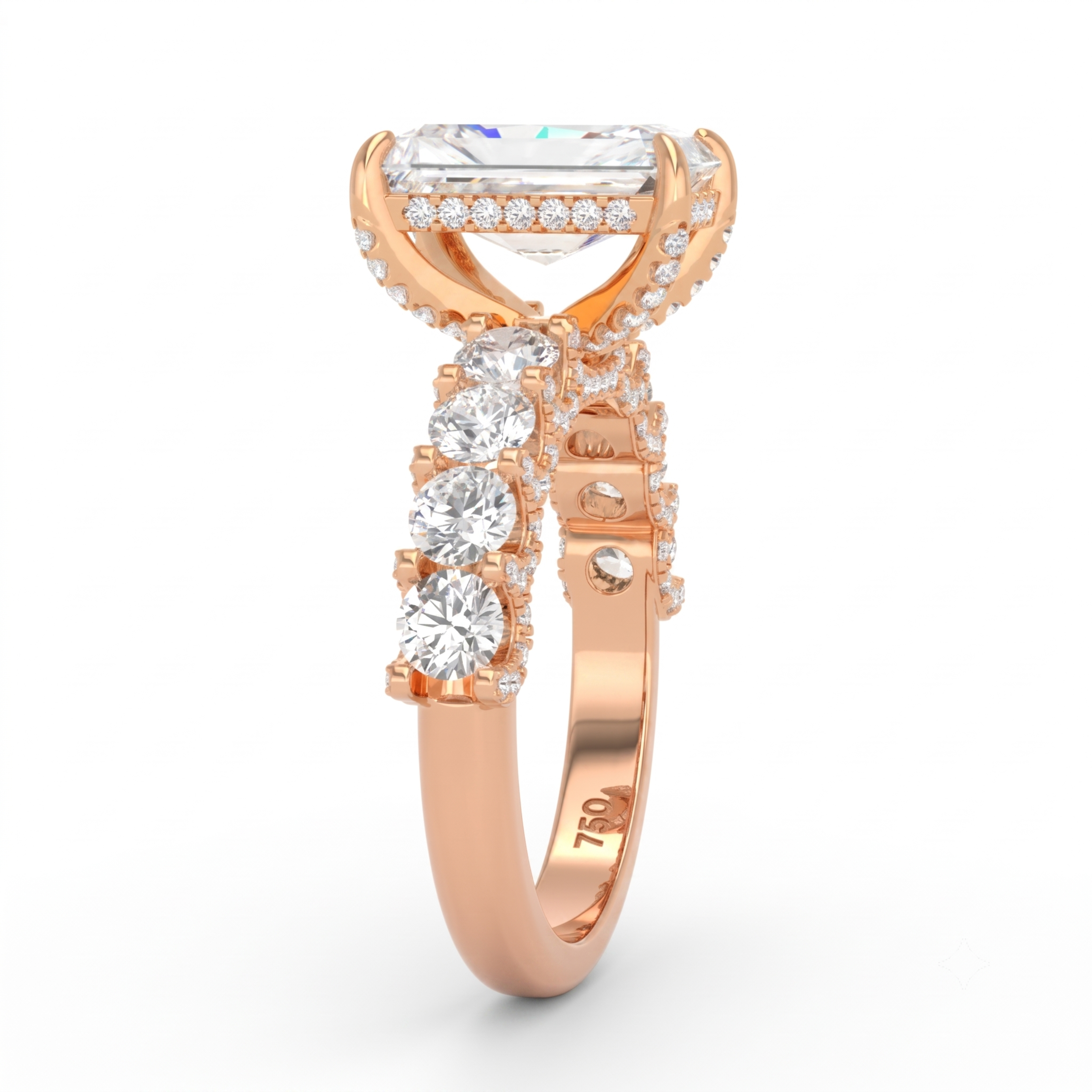 Juliette Radiant Lab-Grown Diamond Engagement Ring featuring a Half-Set Diamond Band, Hidden Halo, and Pavé U-Shaped Prong Setting