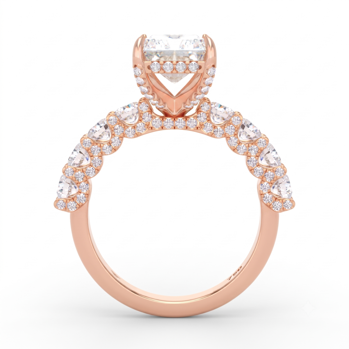Juliette Radiant Lab-Grown Diamond Engagement Ring featuring a Half-Set Diamond Band, Hidden Halo, and Pavé U-Shaped Prong Setting