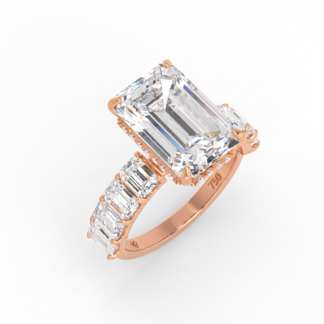 Vivien Emerald Brilliant Cut Engagement Ring with Emerald Brilliant Diamond Band and Wrap Around Hidden Halo