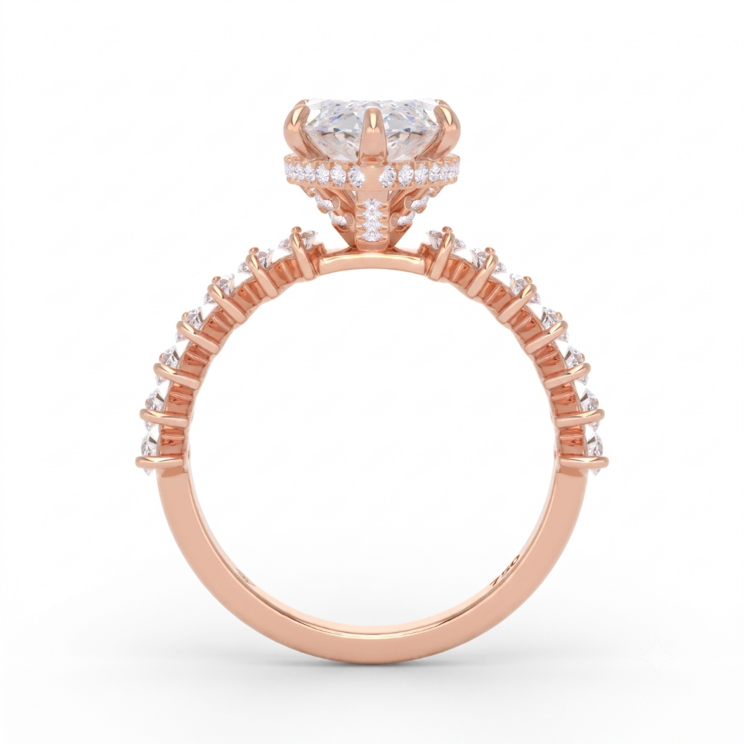 Vivien Marquise Brilliant Cut Engagement Ring with Marquise Brilliant Diamond Band and Wrap Around Hidden Halo