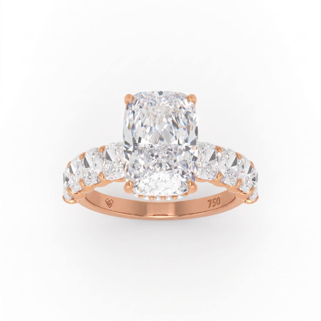 Vivien Cushion Brilliant Cut Engagement Ring with Cushion Brilliant Diamond Band and Wrap Around Hidden Halo