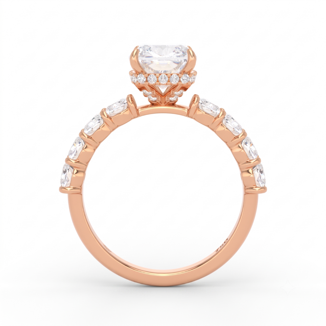 Vivien Cushion Brilliant Cut Engagement Ring with Cushion Brilliant Diamond Band and Wrap Around Hidden Halo
