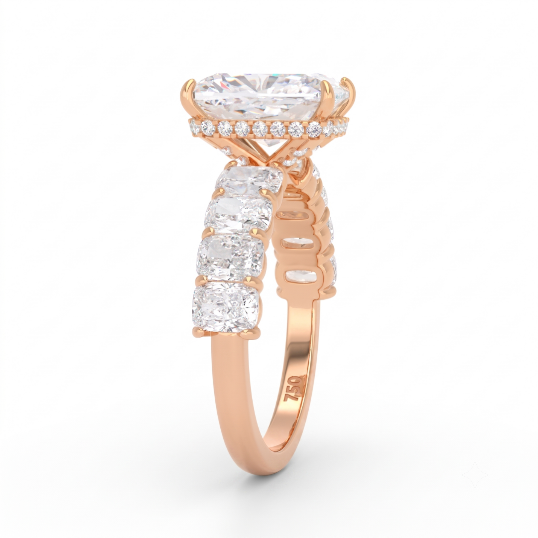 Vivien Cushion Brilliant Cut Engagement Ring with Cushion Brilliant Diamond Band and Wrap Around Hidden Halo