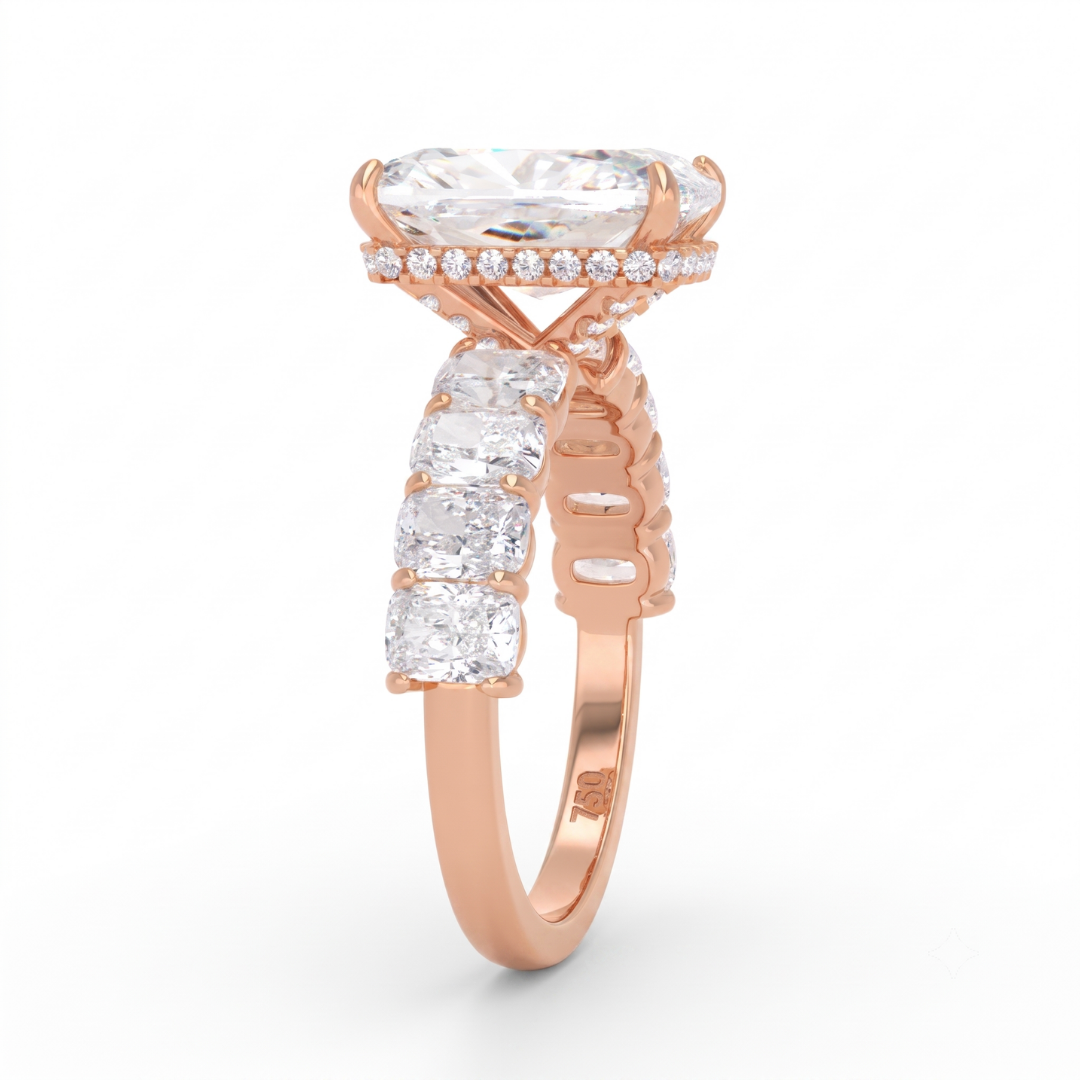 Vivien Cushion Brilliant Cut Engagement Ring with Cushion Brilliant Diamond Band and Wrap Around Hidden Halo