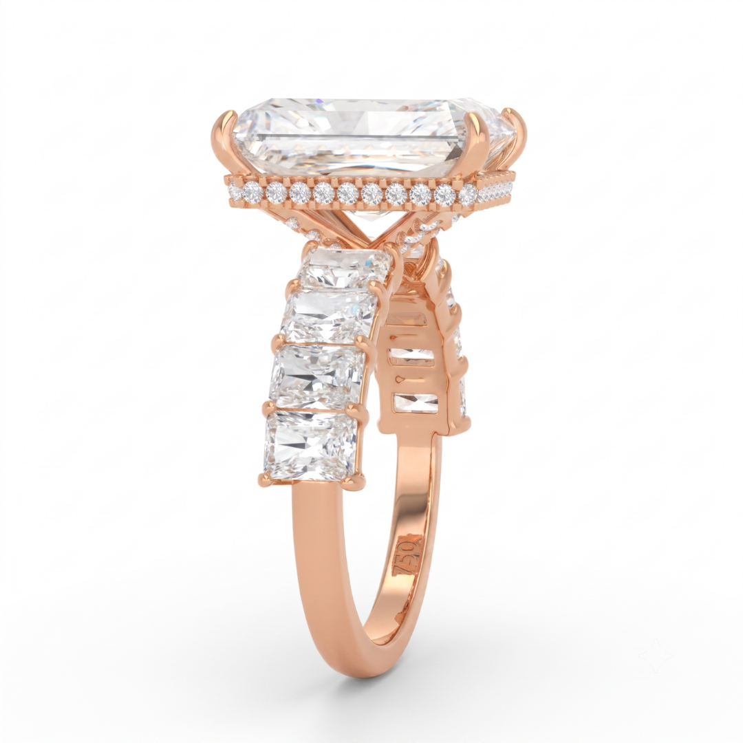 Vivien Radiant Brilliant Cut Engagement Ring with Radiant Brilliant Diamond Band and Wrap Around Hidden Halo
