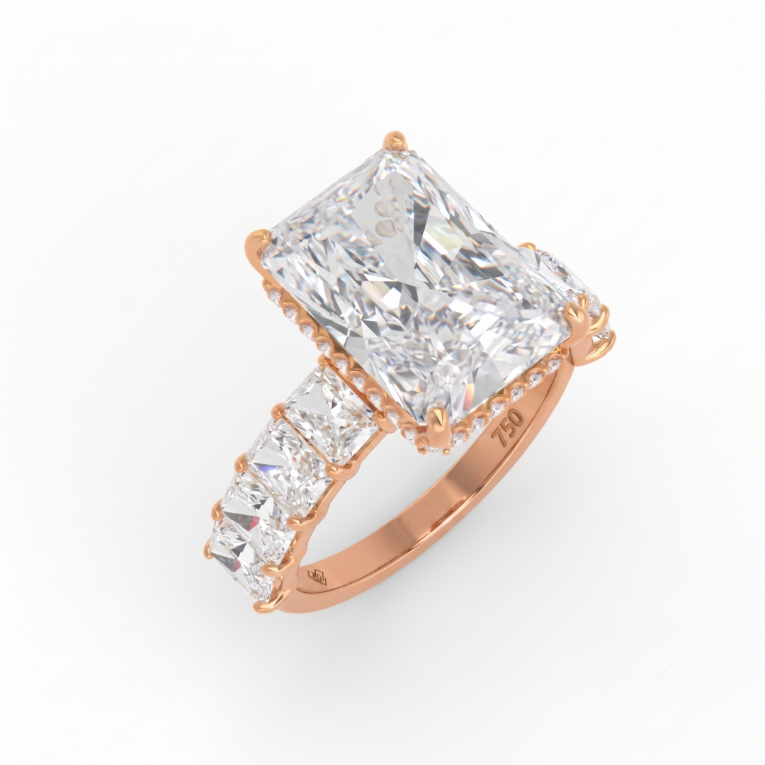 Vivien Radiant Brilliant Cut Engagement Ring with Radiant Brilliant Diamond Band and Wrap Around Hidden Halo
