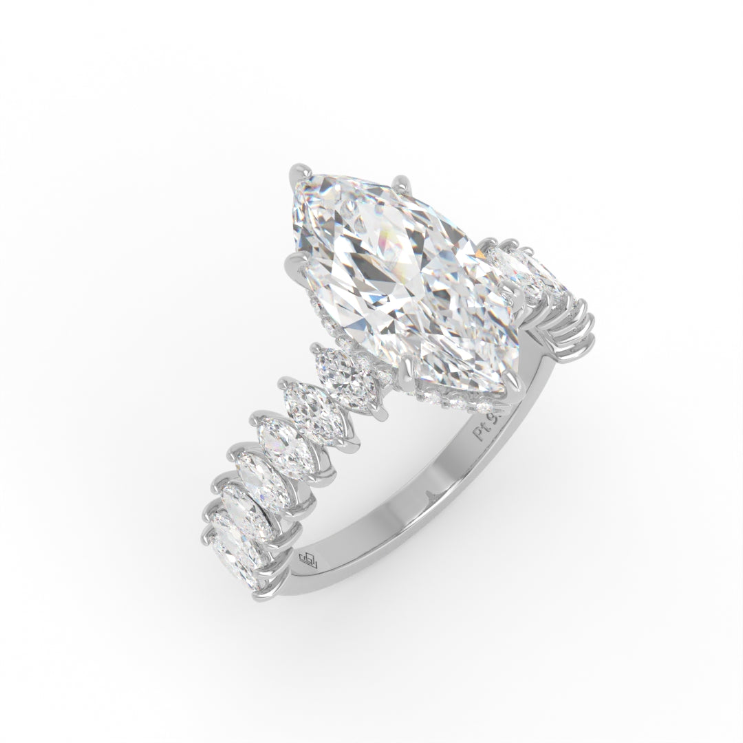Vivien Marquise Brilliant Cut Engagement Ring with Marquise Brilliant Diamond Band and Wrap Around Hidden Halo