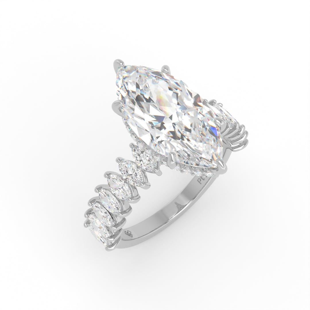 Vivien Marquise Brilliant Cut Engagement Ring with Marquise Brilliant Diamond Band and Wrap Around Hidden Halo