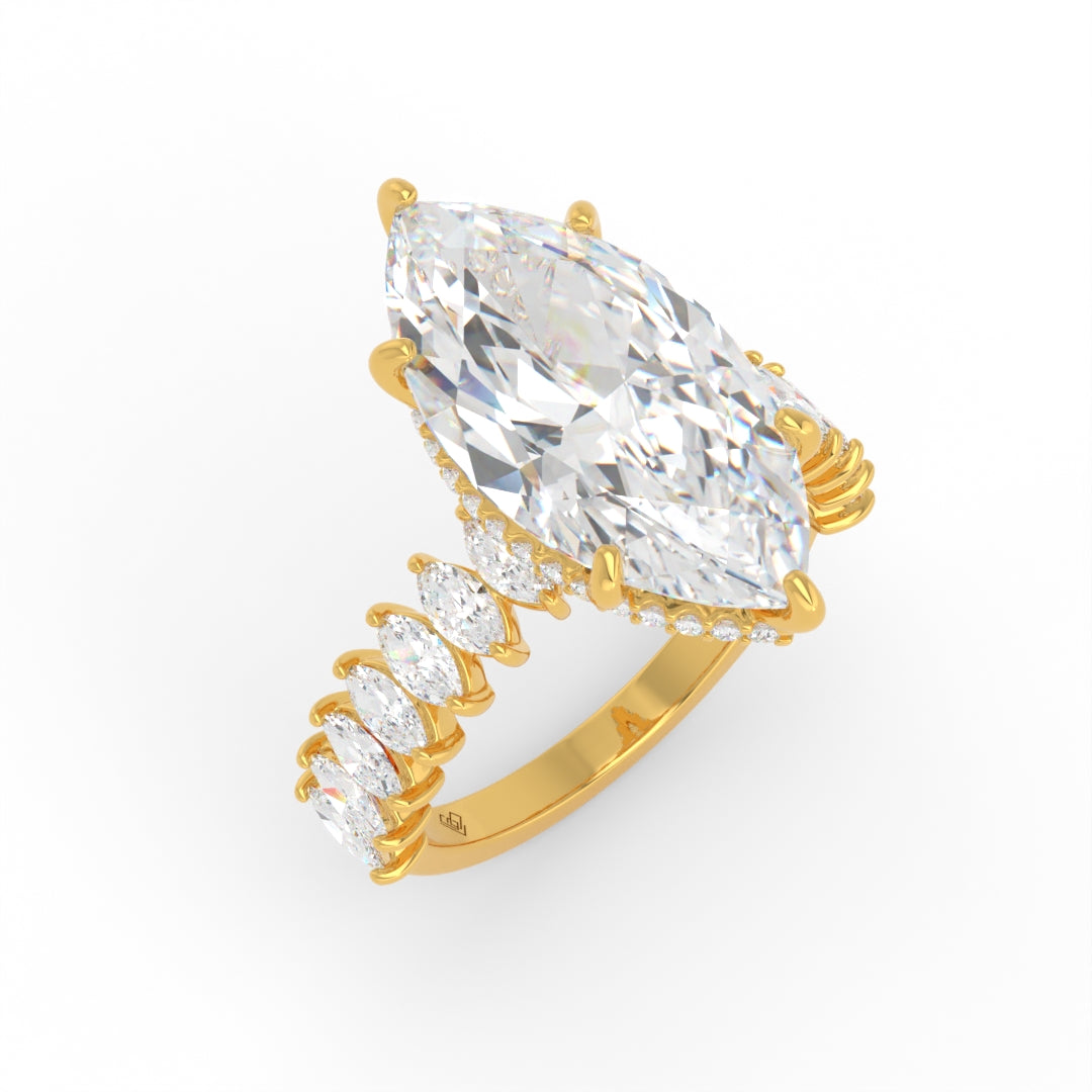 Vivien Marquise Brilliant Cut Engagement Ring with Marquise Brilliant Diamond Band and Wrap Around Hidden Halo