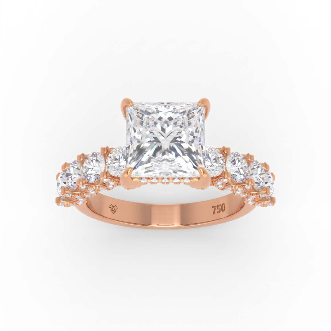 Juliette Princess Lab-Grown Diamond Engagement Ring featuring a Half-Set Diamond Band, Hidden Halo, and Pavé U-Shaped Prong Setting