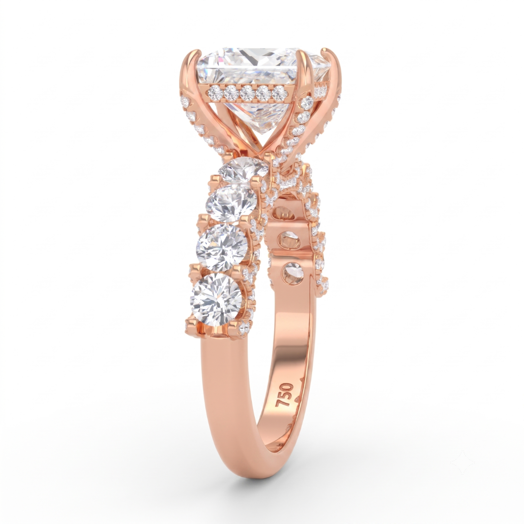 Juliette Princess Lab-Grown Diamond Engagement Ring featuring a Half-Set Diamond Band, Hidden Halo, and Pavé U-Shaped Prong Setting
