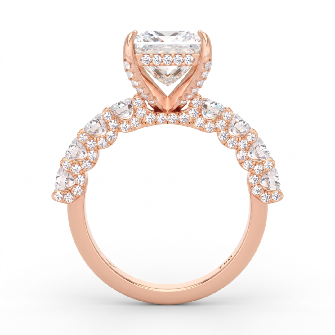 Juliette Princess Lab-Grown Diamond Engagement Ring featuring a Half-Set Diamond Band, Hidden Halo, and Pavé U-Shaped Prong Setting