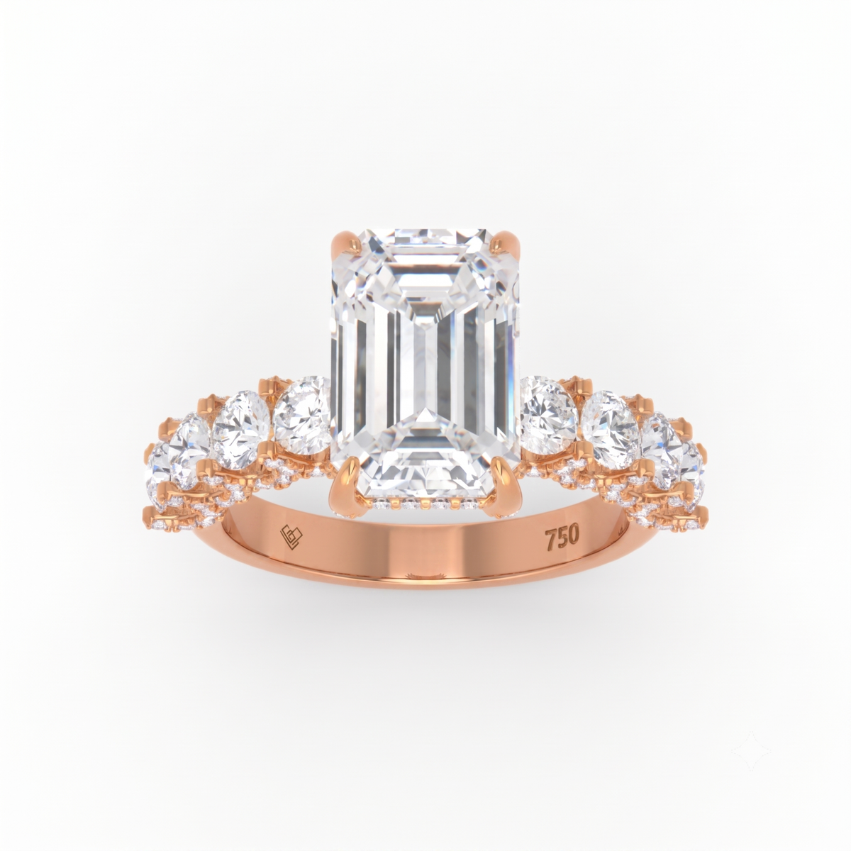 Juliette Emerald Lab-Grown Diamond Engagement Ring featuring a Half-Set Diamond Band, Hidden Halo, and Pavé U-Shaped Prong Setting