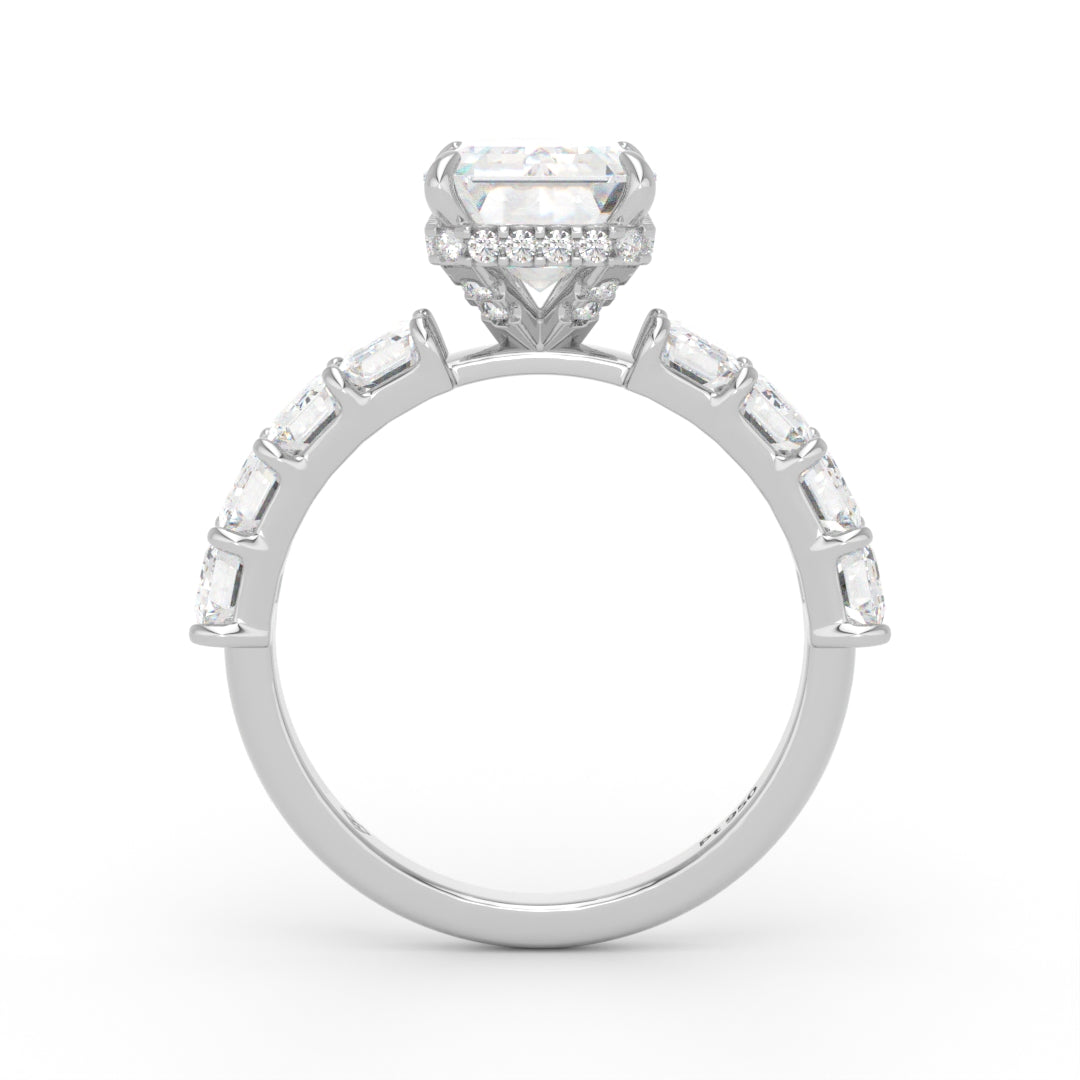 Vivien Emerald Brilliant Cut Engagement Ring with Emerald Brilliant Diamond Band and Wrap Around Hidden Halo