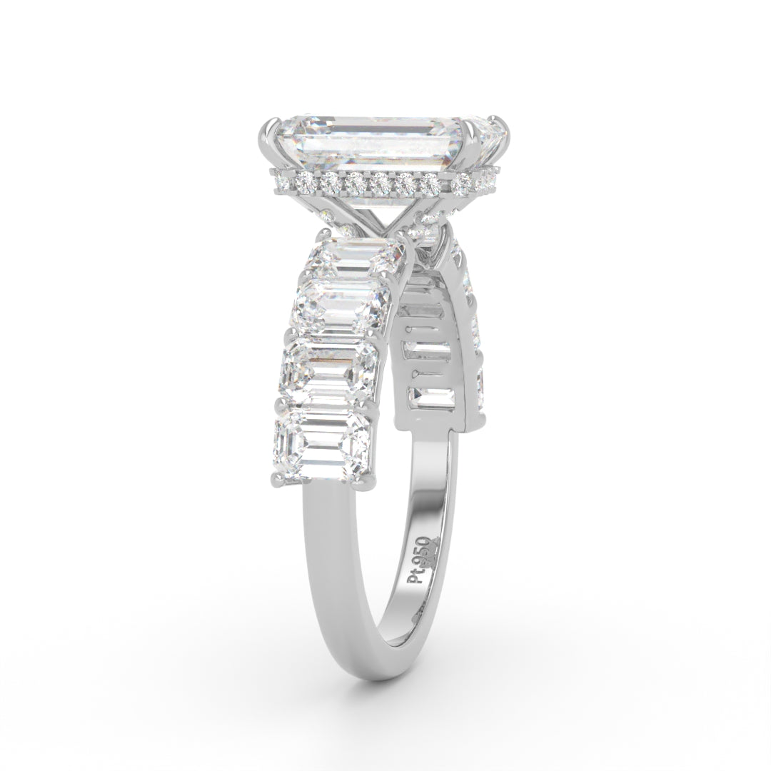 Vivien Emerald Brilliant Cut Engagement Ring with Emerald Brilliant Diamond Band and Wrap Around Hidden Halo