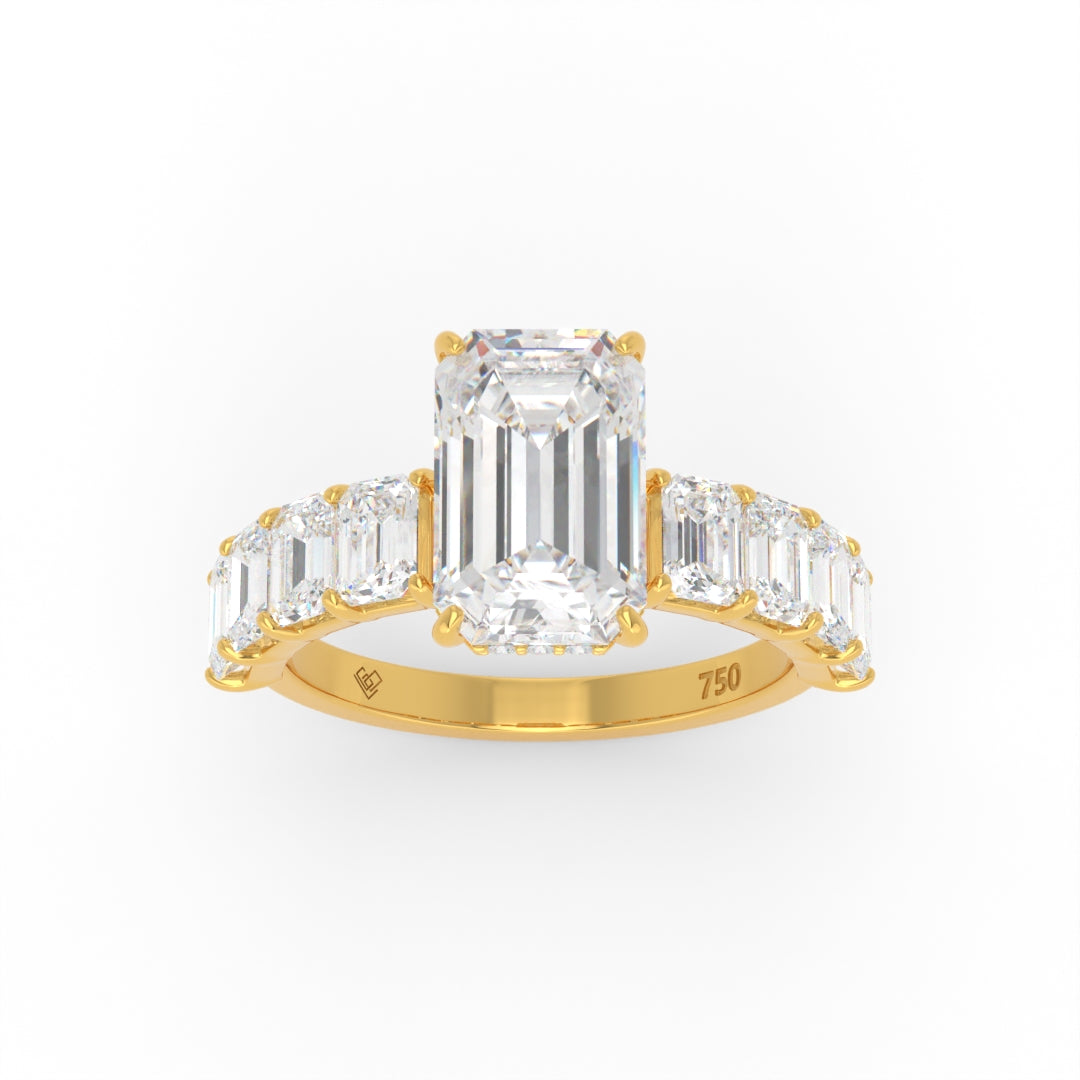 Vivien Emerald Brilliant Cut Engagement Ring with Emerald Brilliant Diamond Band and Wrap Around Hidden Halo