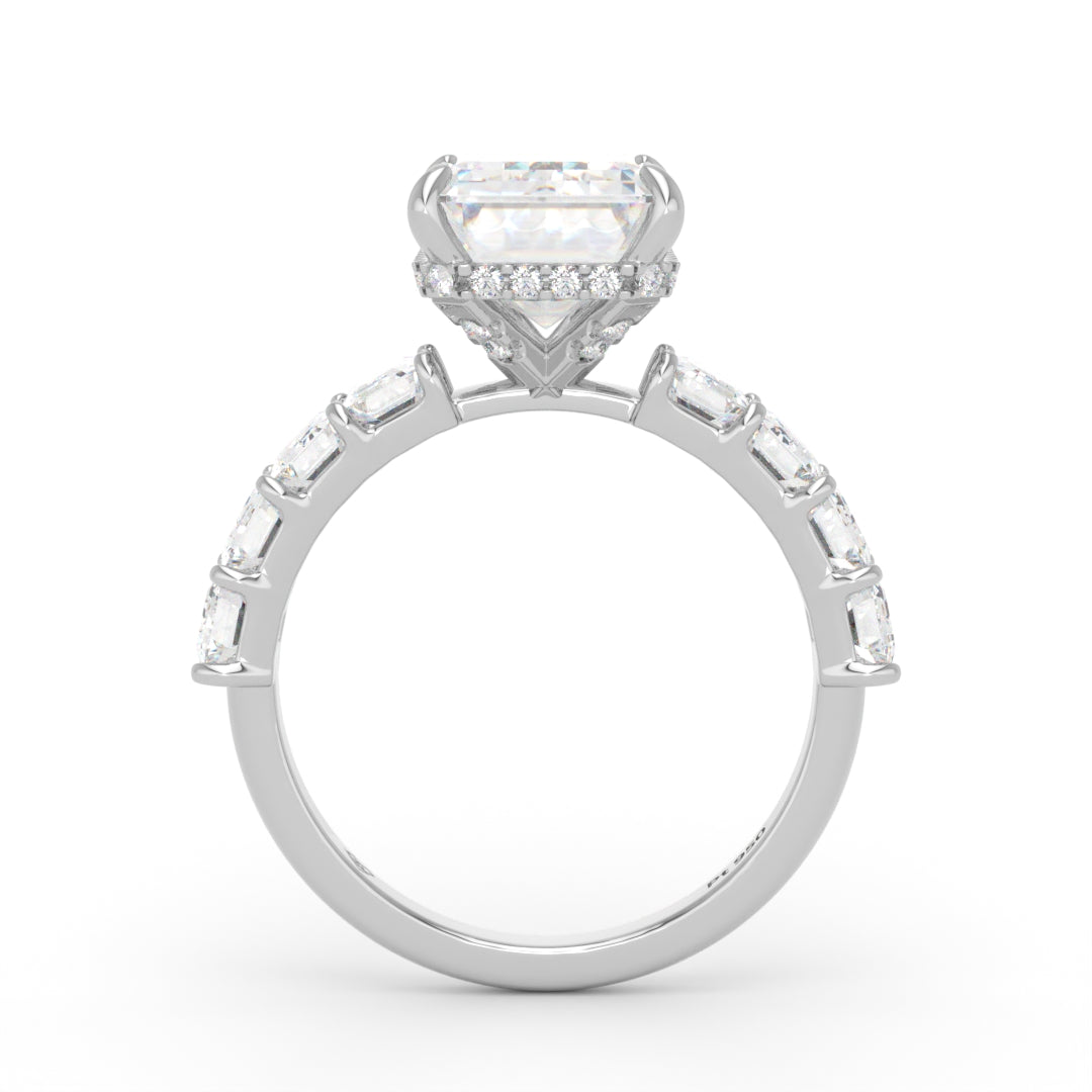 Vivien Emerald Brilliant Cut Engagement Ring with Emerald Brilliant Diamond Band and Wrap Around Hidden Halo