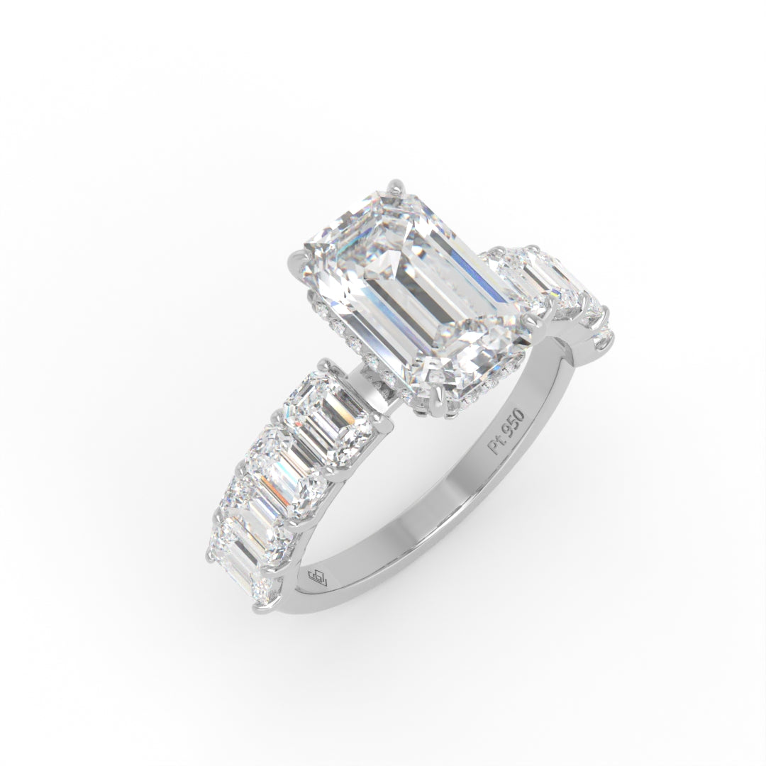 Vivien Emerald Brilliant Cut Engagement Ring with Emerald Brilliant Diamond Band and Wrap Around Hidden Halo