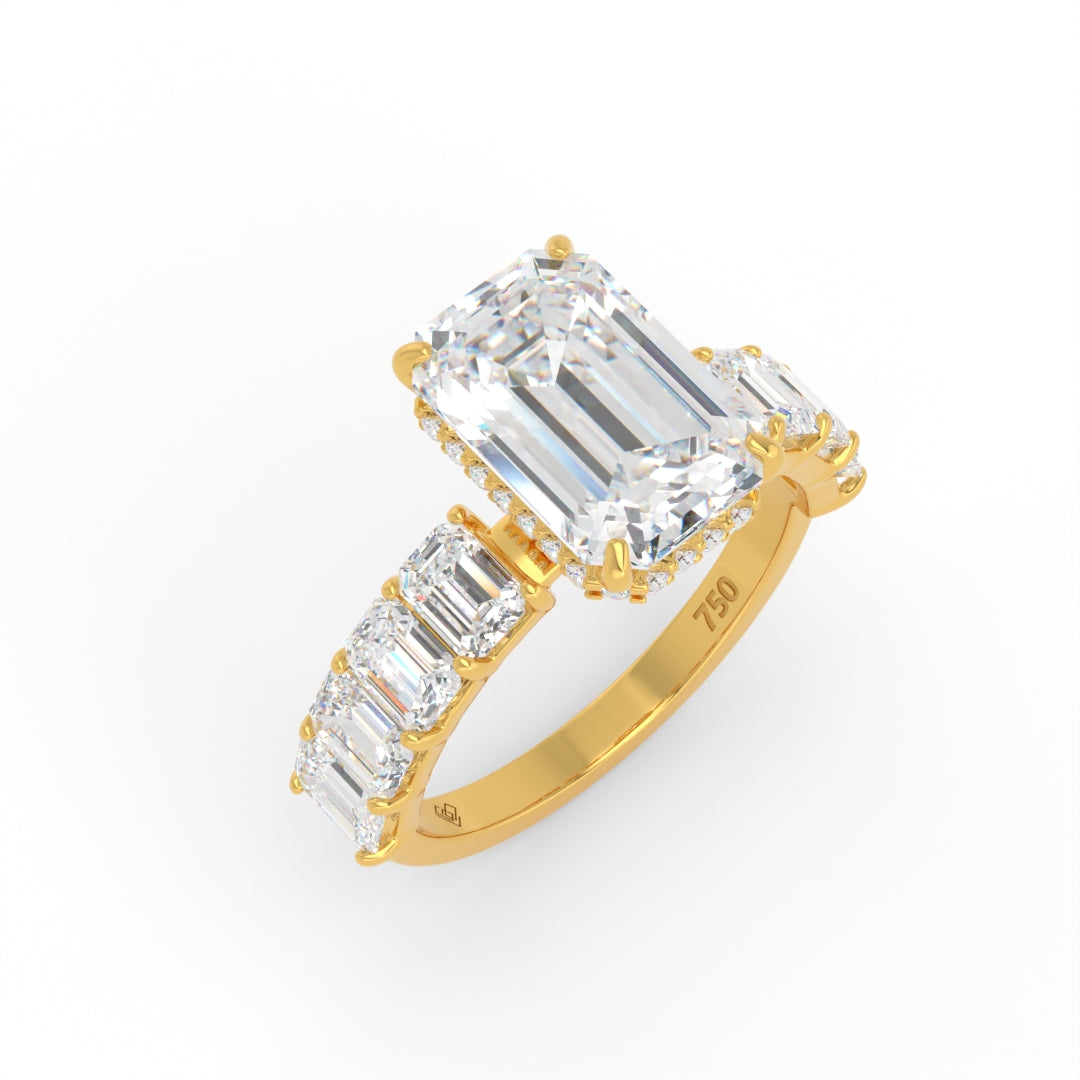 Vivien Emerald Brilliant Cut Engagement Ring with Emerald Brilliant Diamond Band and Wrap Around Hidden Halo