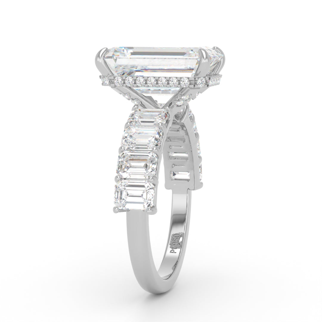 Vivien Emerald Brilliant Cut Engagement Ring with Emerald Brilliant Diamond Band and Wrap Around Hidden Halo