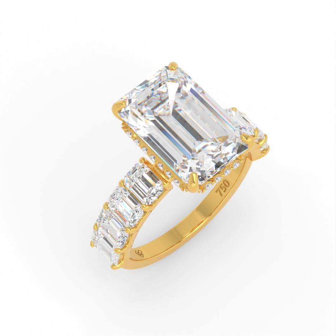 Vivien Emerald Brilliant Cut Engagement Ring with Emerald Brilliant Diamond Band and Wrap Around Hidden Halo
