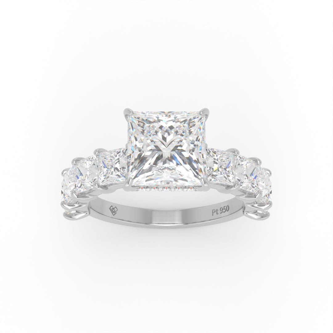 Vivien Princess Brilliant Cut engagement ring with Princess Brilliant Diamond Band and Wrap Around Hidden Halo