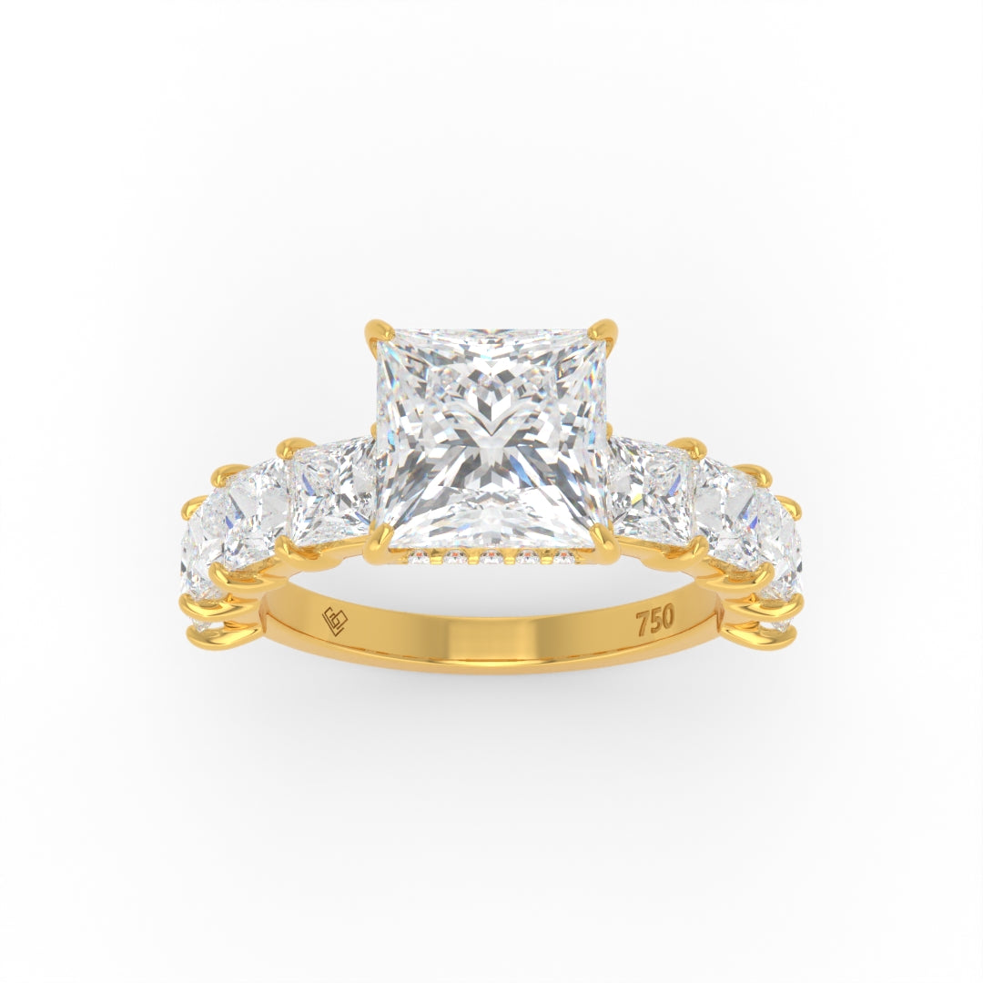 Vivien Princess Brilliant Cut engagement ring with Princess Brilliant Diamond Band and Wrap Around Hidden Halo