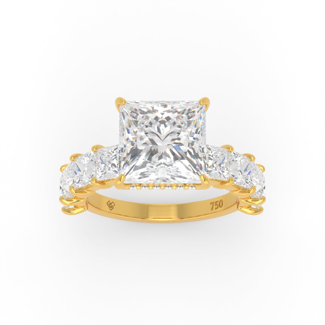 Vivien Princess Brilliant Cut engagement ring with Princess Brilliant Diamond Band and Wrap Around Hidden Halo