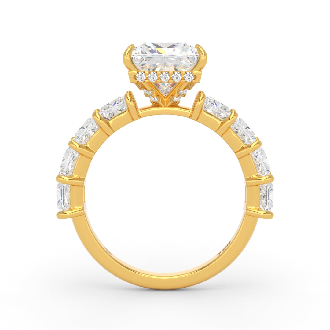 Vivien Princess Brilliant Cut engagement ring with Princess Brilliant Diamond Band and Wrap Around Hidden Halo