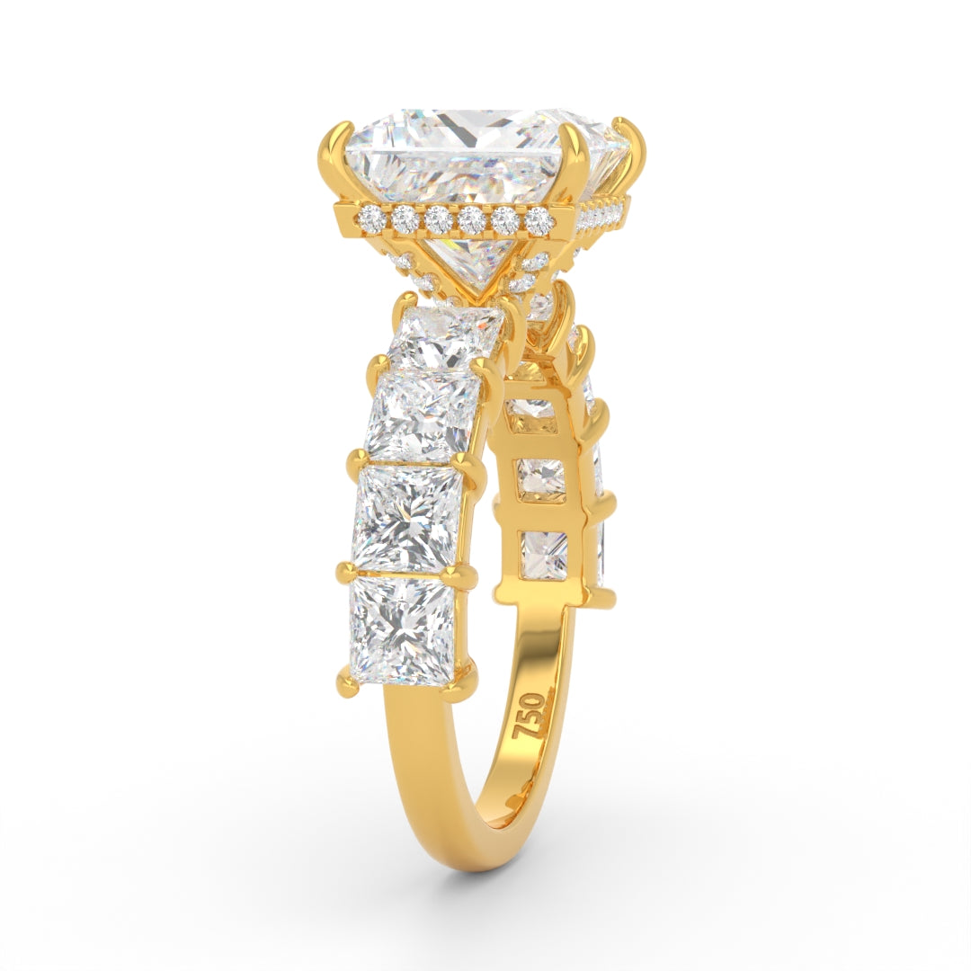 Vivien Princess Brilliant Cut engagement ring with Princess Brilliant Diamond Band and Wrap Around Hidden Halo