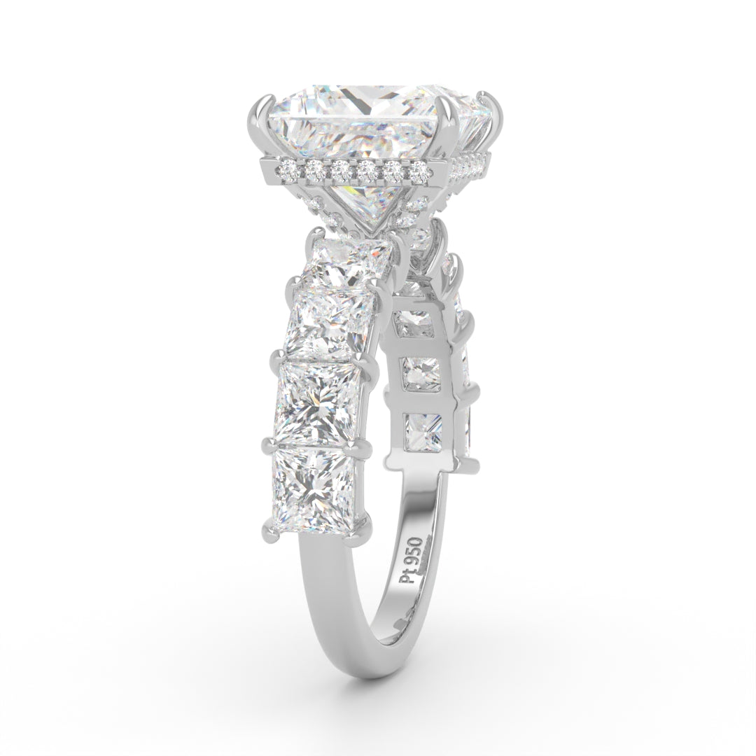 Vivien Princess Brilliant Cut engagement ring with Princess Brilliant Diamond Band and Wrap Around Hidden Halo