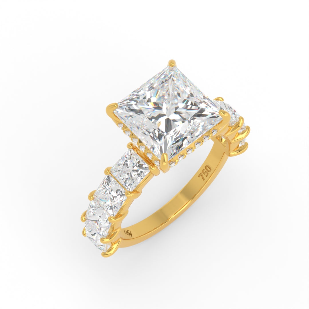 Vivien Princess Brilliant Cut engagement ring with Princess Brilliant Diamond Band and Wrap Around Hidden Halo