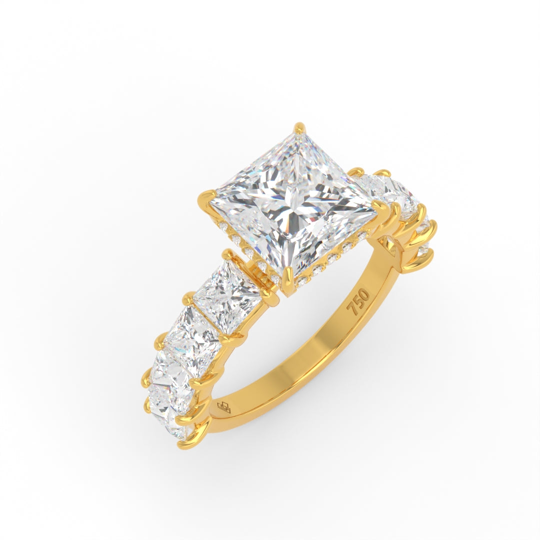 Vivien Princess Brilliant Cut engagement ring with Princess Brilliant Diamond Band and Wrap Around Hidden Halo