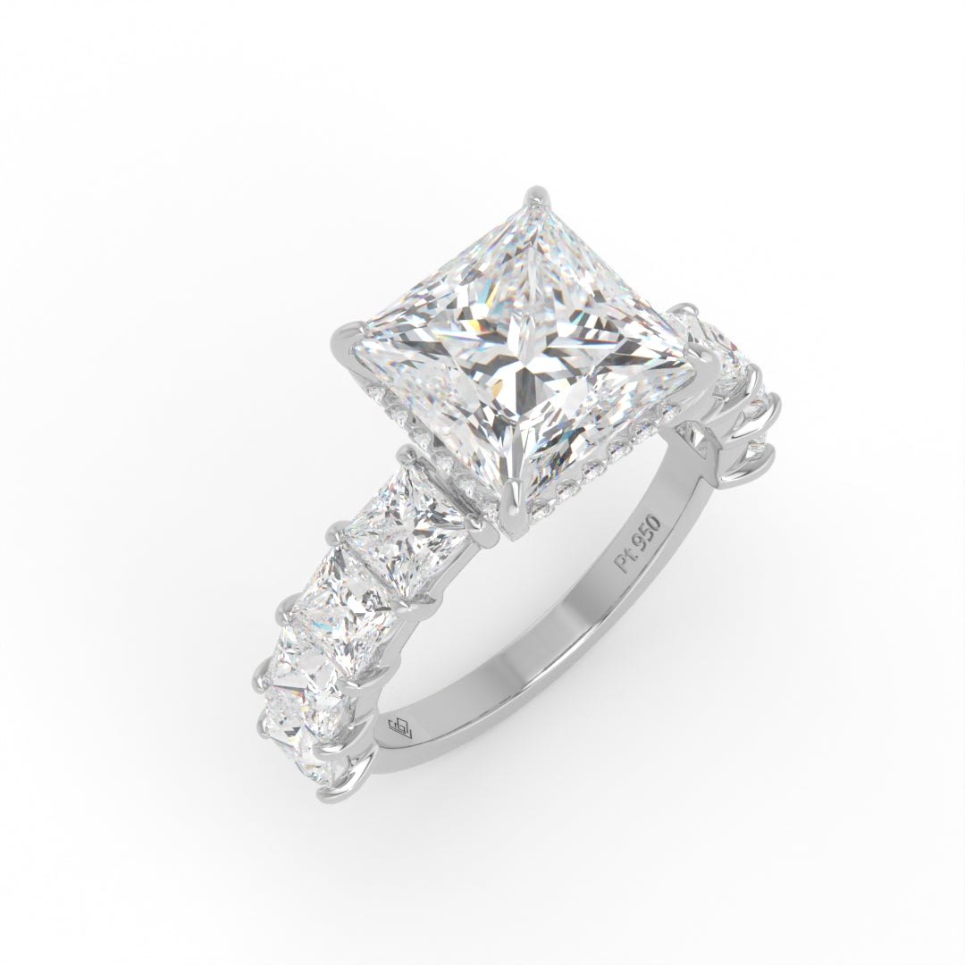 Vivien Princess Brilliant Cut engagement ring with Princess Brilliant Diamond Band and Wrap Around Hidden Halo
