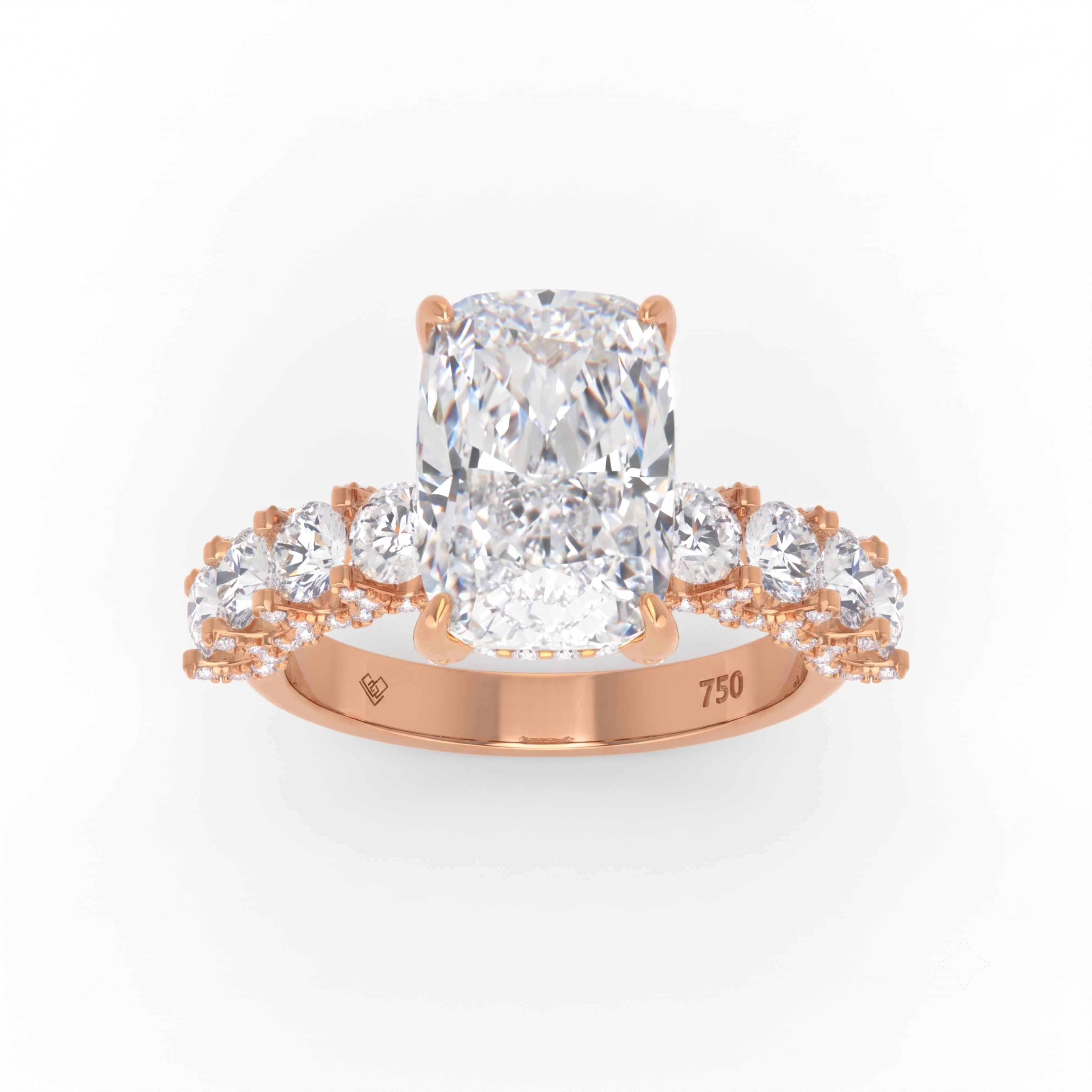 Juliette Cushion Lab-Grown Diamond Engagement Ring featuring a Half-Set Diamond Band, Hidden Halo, and Pavé U-Shaped Prong Setting
