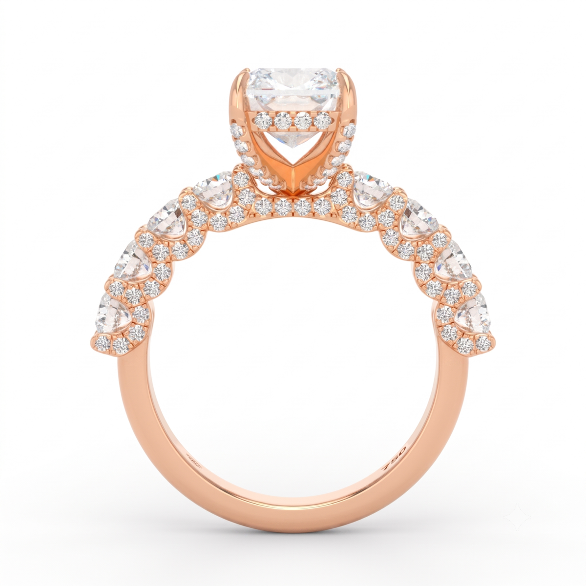 Juliette Cushion Lab-Grown Diamond Engagement Ring featuring a Half-Set Diamond Band, Hidden Halo, and Pavé U-Shaped Prong Setting