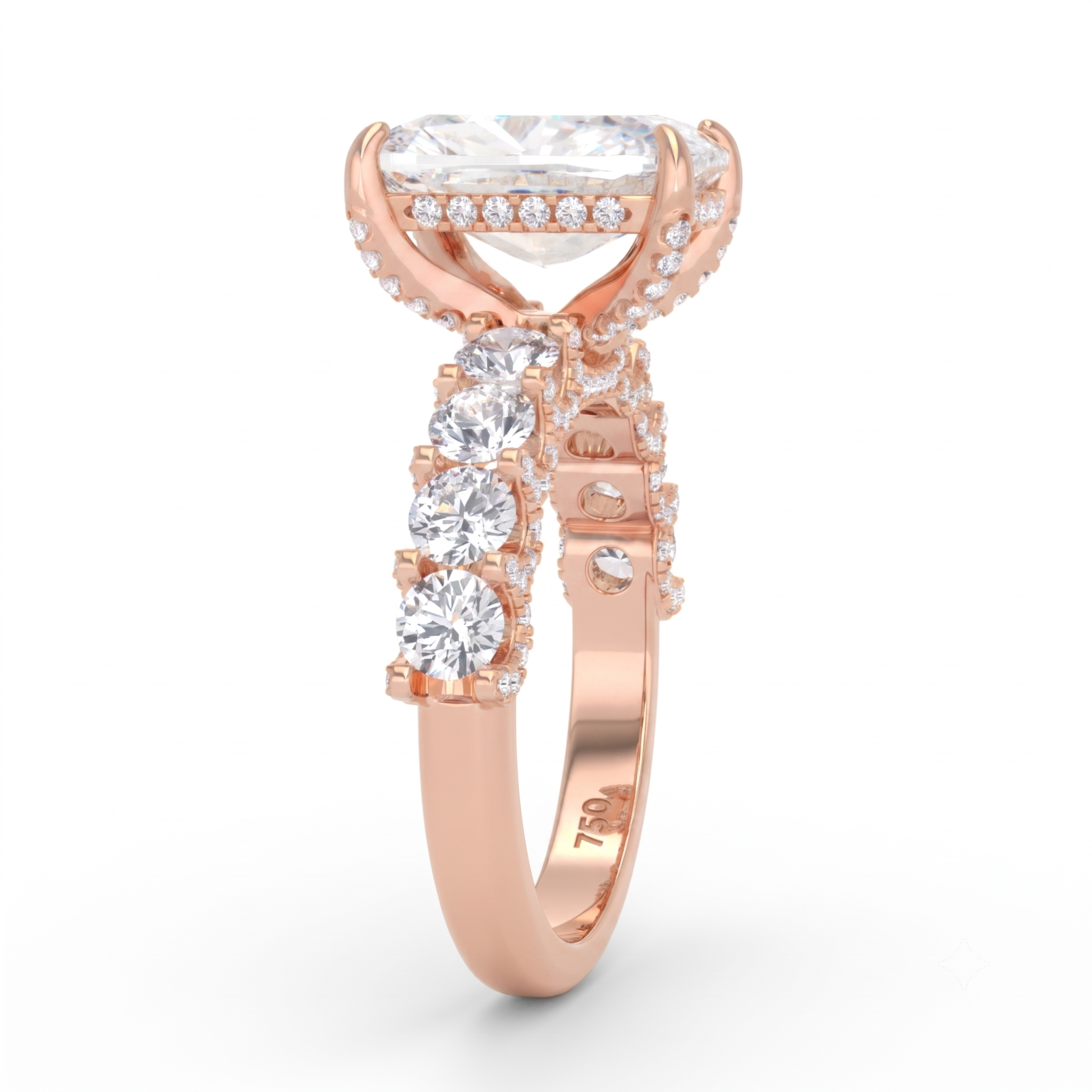 Juliette Cushion Lab-Grown Diamond Engagement Ring featuring a Half-Set Diamond Band, Hidden Halo, and Pavé U-Shaped Prong Setting