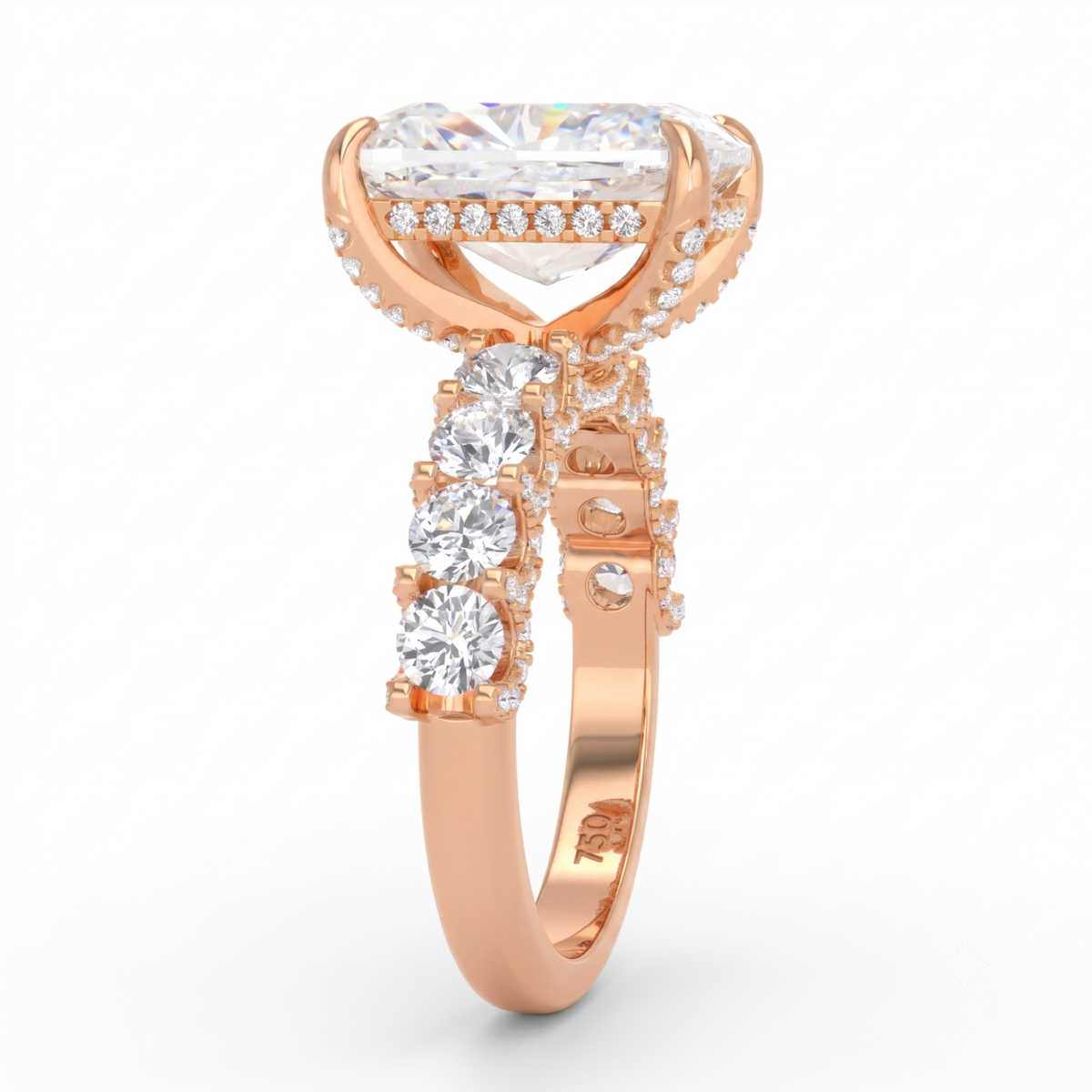 Juliette Cushion Lab-Grown Diamond Engagement Ring featuring a Half-Set Diamond Band, Hidden Halo, and Pavé U-Shaped Prong Setting