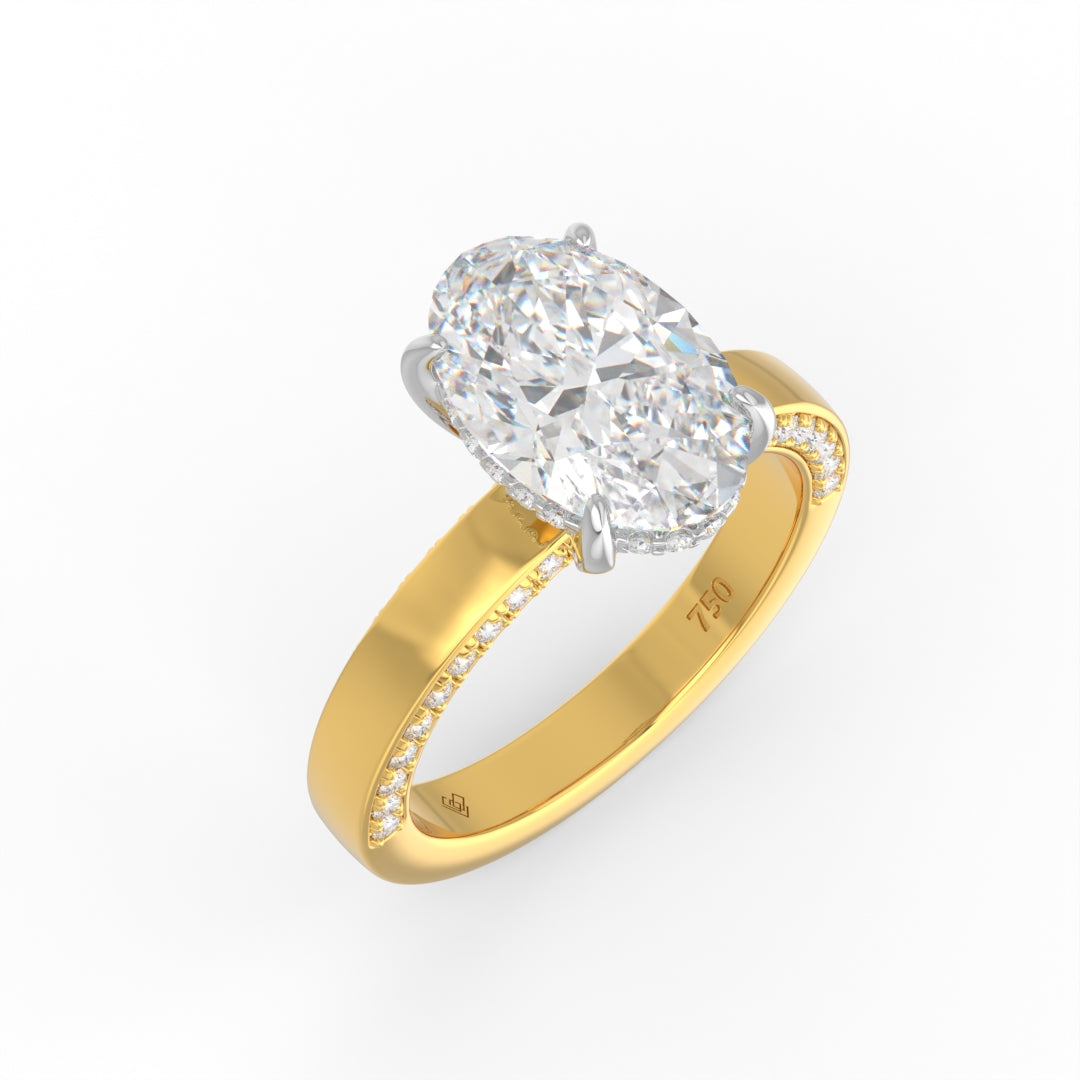 Celeste Oval cut Lab Diamond with Cigar band and half set Diamond Sides & Hidden Halo