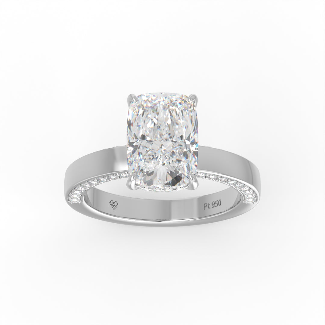 Celeste Cushion cut Lab Diamond with Cigar band and half set Diamond sides & hidden halo
