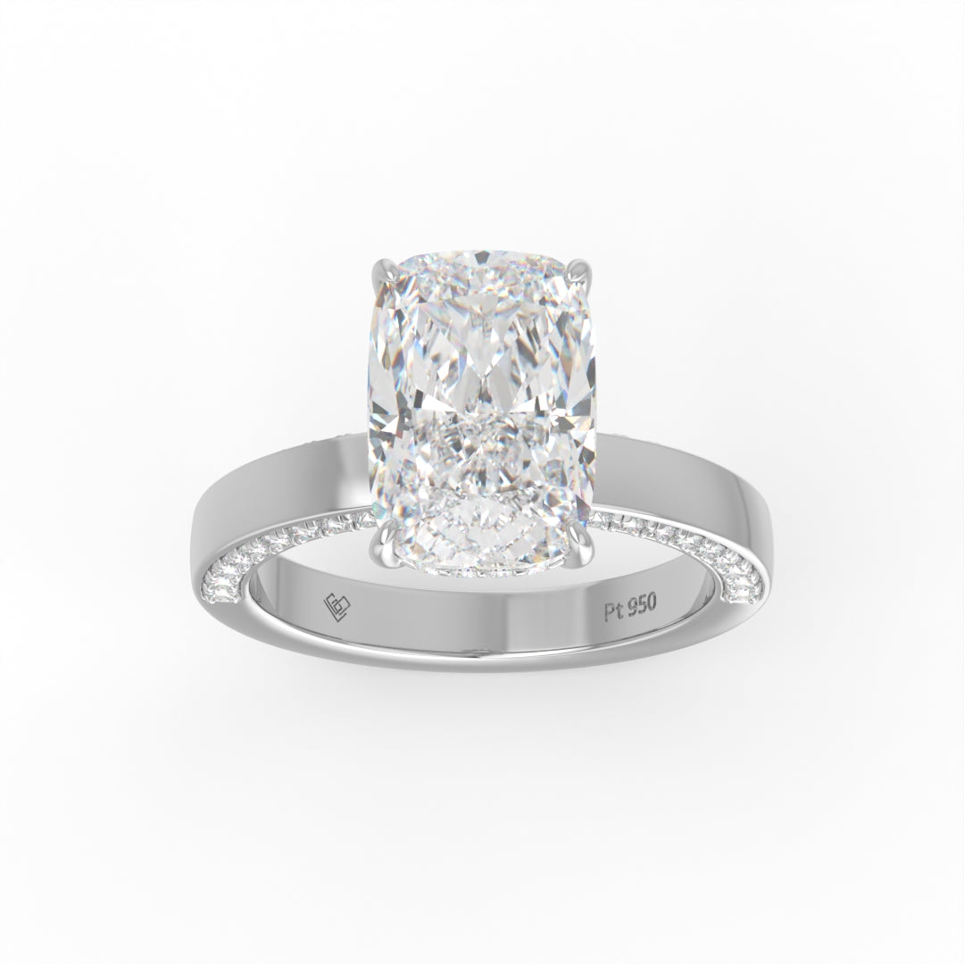 Celeste Cushion cut Lab Diamond with Cigar band and half set Diamond sides & hidden halo