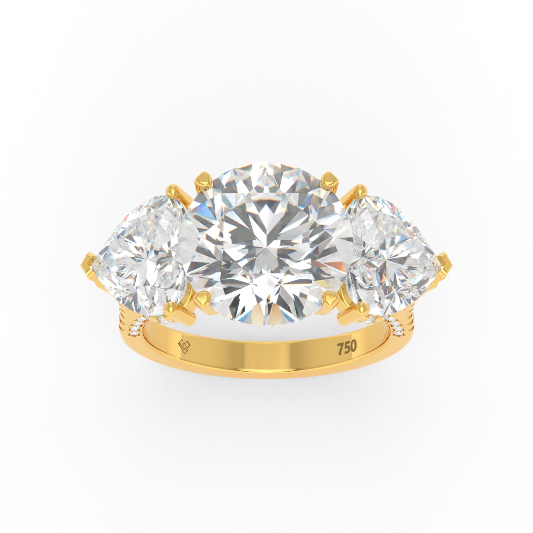 Victoria Round Brilliant Cut Diamond Engagement Ring with Heart Cut Side Diamonds and 3D Diamond Band