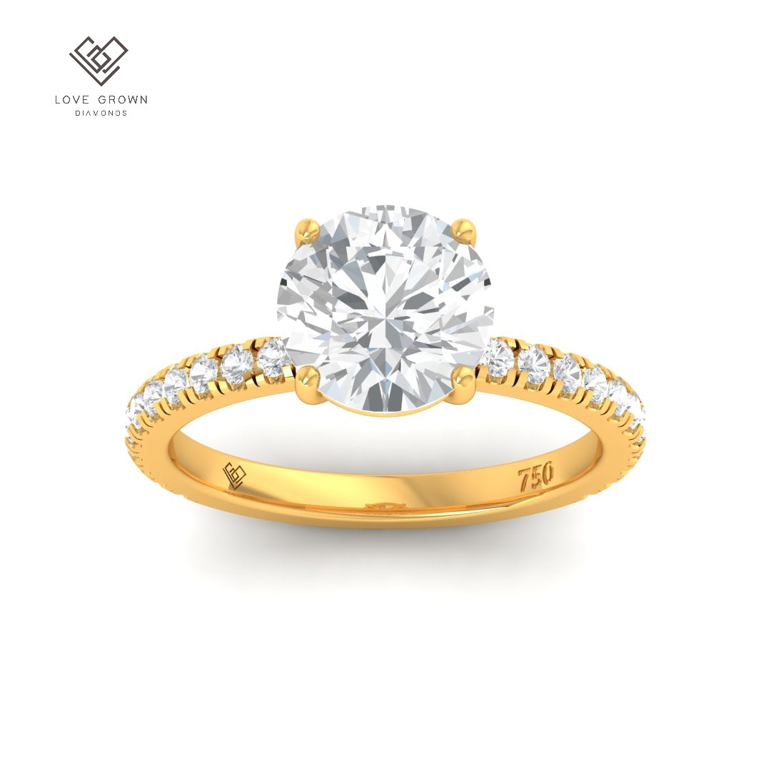 Abigail 3.02ct round brilliant engagement ring with diamond band in gold setting.